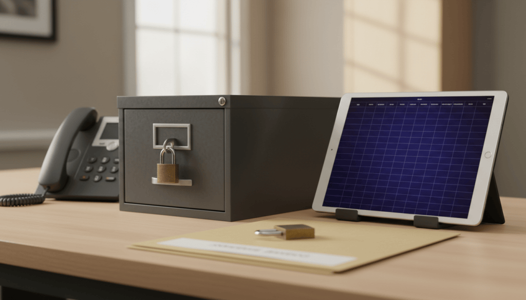 Intake desk with a phone, a tablet showing a spreadsheet grid and a padlock resting on a folder