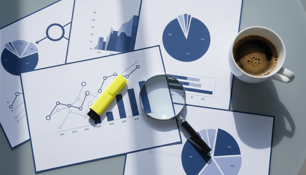 Printed charts spread on a conference table with a highlighter, magnifying glass and coffee