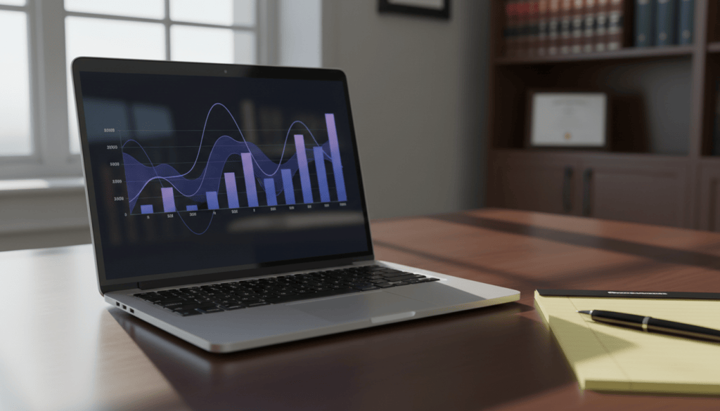 Laptop with an analytics dashboard of line and bar charts on a law office desk beside a legal pad